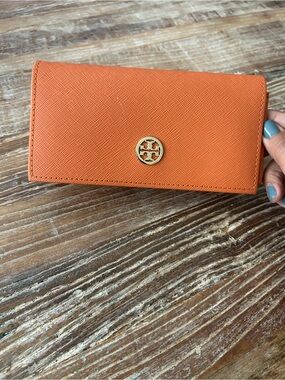 Tory Burch Orange Textured Leather with Gold Logo Sunglasses case